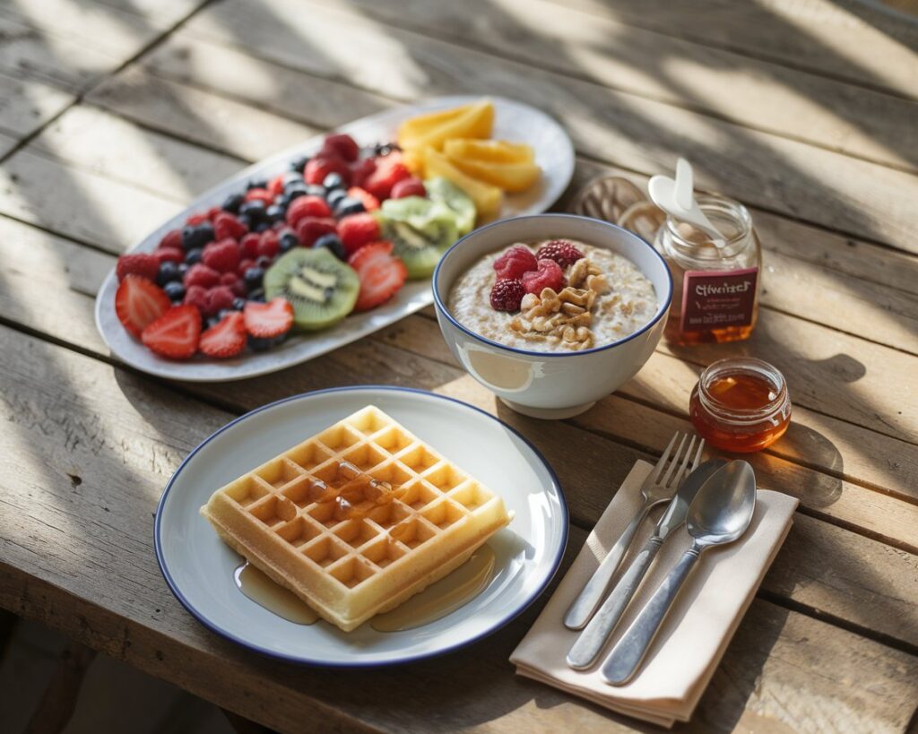 A Simple Breakfast with 3 Essentials: Waffles, Oatmeal, and Fresh Fruit